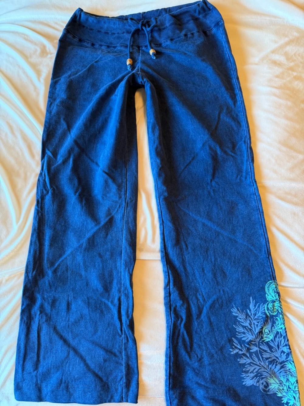 Sundance Blue Drawstring Wide-Leg jersey pant, Embroidered Detail